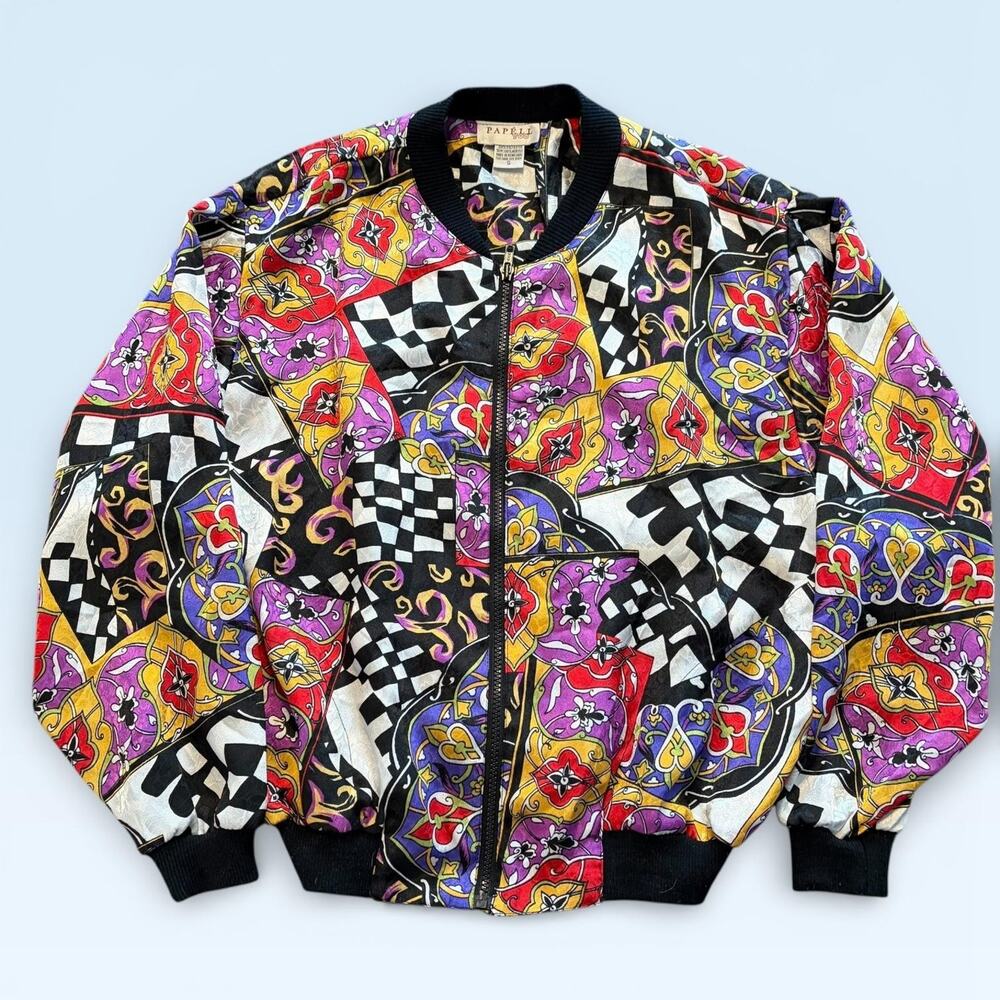 Vintage Papell Too Jacket Womens Small Multicolor Satin Bomber Geometric 90s
